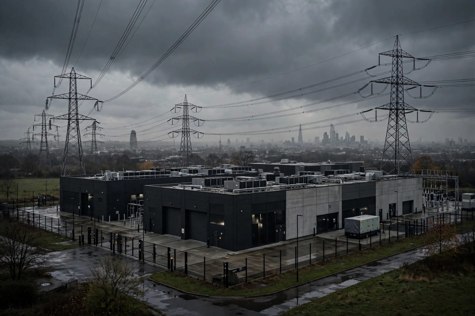 Illustrative image of a data center and power grid with the London skyline, symbolizing the power crisis behind Microsoft's withdrawal from the Nscale project.