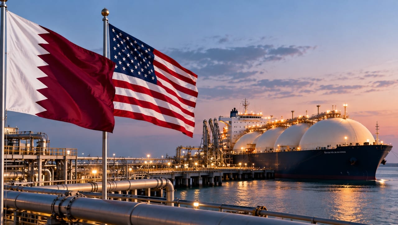 AI-generated illustration of a liquefied natural gas carrier at an LNG export terminal, with the Qatari and American flags in the foreground, symbolizing the long-term gas supply agreements between Qatar Energy and Cheniere.