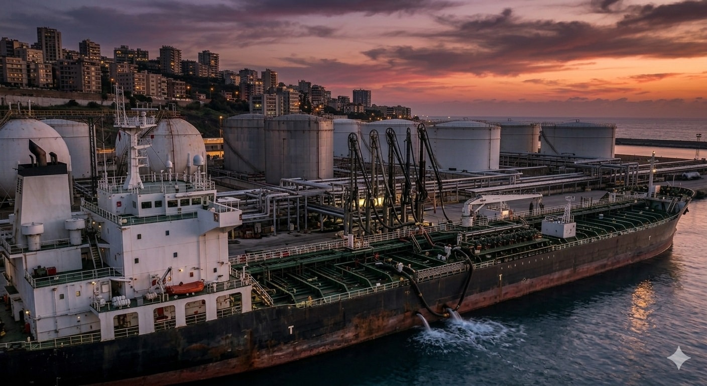 ناقلة نفط تفرغ حمولتها في خزانات ساحلية بلبنان وسط استقرار إمدادات الطاقة المحلية.(AI)