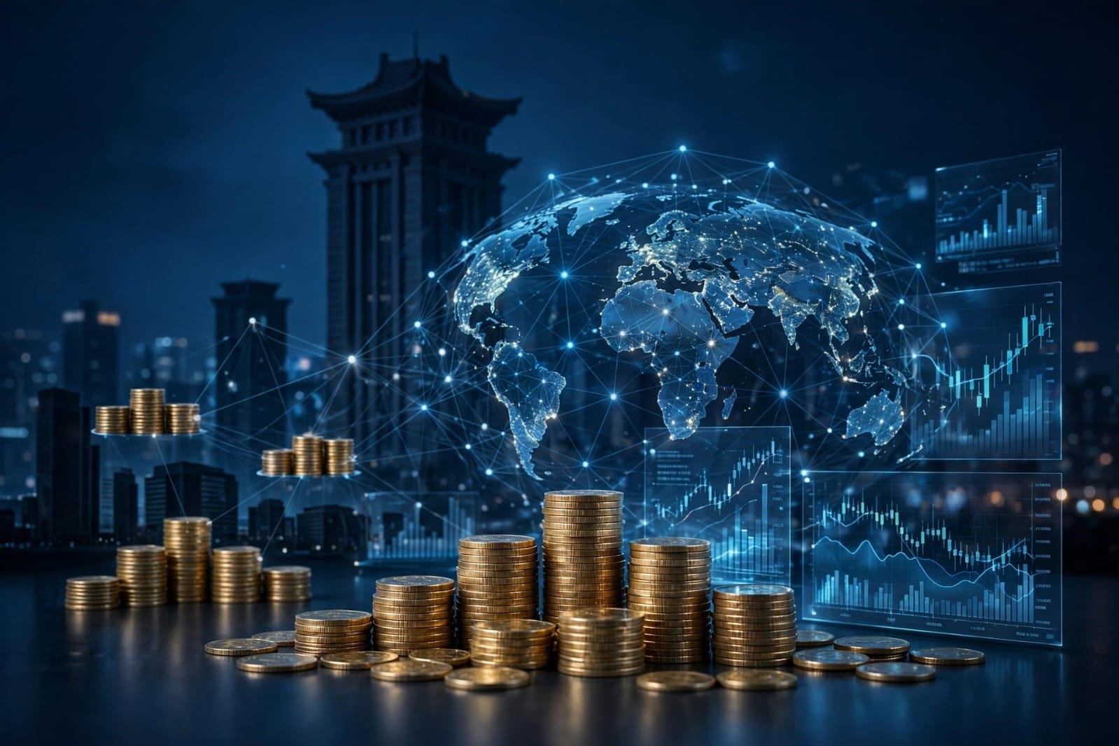 Digital illustration of global sovereign debt restructuring concept showing stacks of gold coins, financial charts, and a connected world map with China skyline in background, representing PBOC call for private creditors participation .