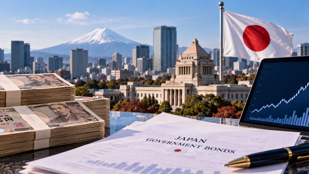 AI-generated illustration of Japanese yen banknotes, government bond documents, the Japanese flag and Tokyo's skyline, symbolizing the financial benefits of inflation in reducing Japan's government debt burden.