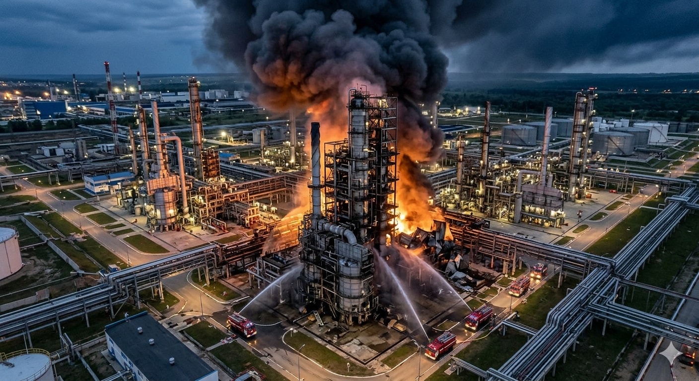 أعمدة الدخان تتصاعد من مصفاة نفط روسية عقب استهداف وحدة تقطير رئيسية بهجوم لطائرات مسيرة(AI)