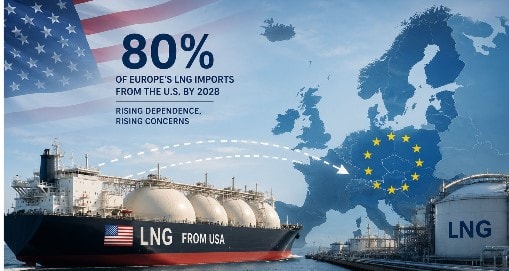 رسم توضيحي يظهر توقعات وصول اعتماد أوروبا على الغاز المسال الأمريكي إلى 80% بحلول 2028 مع تنبيهات حول مخاطر أمن الطاقة