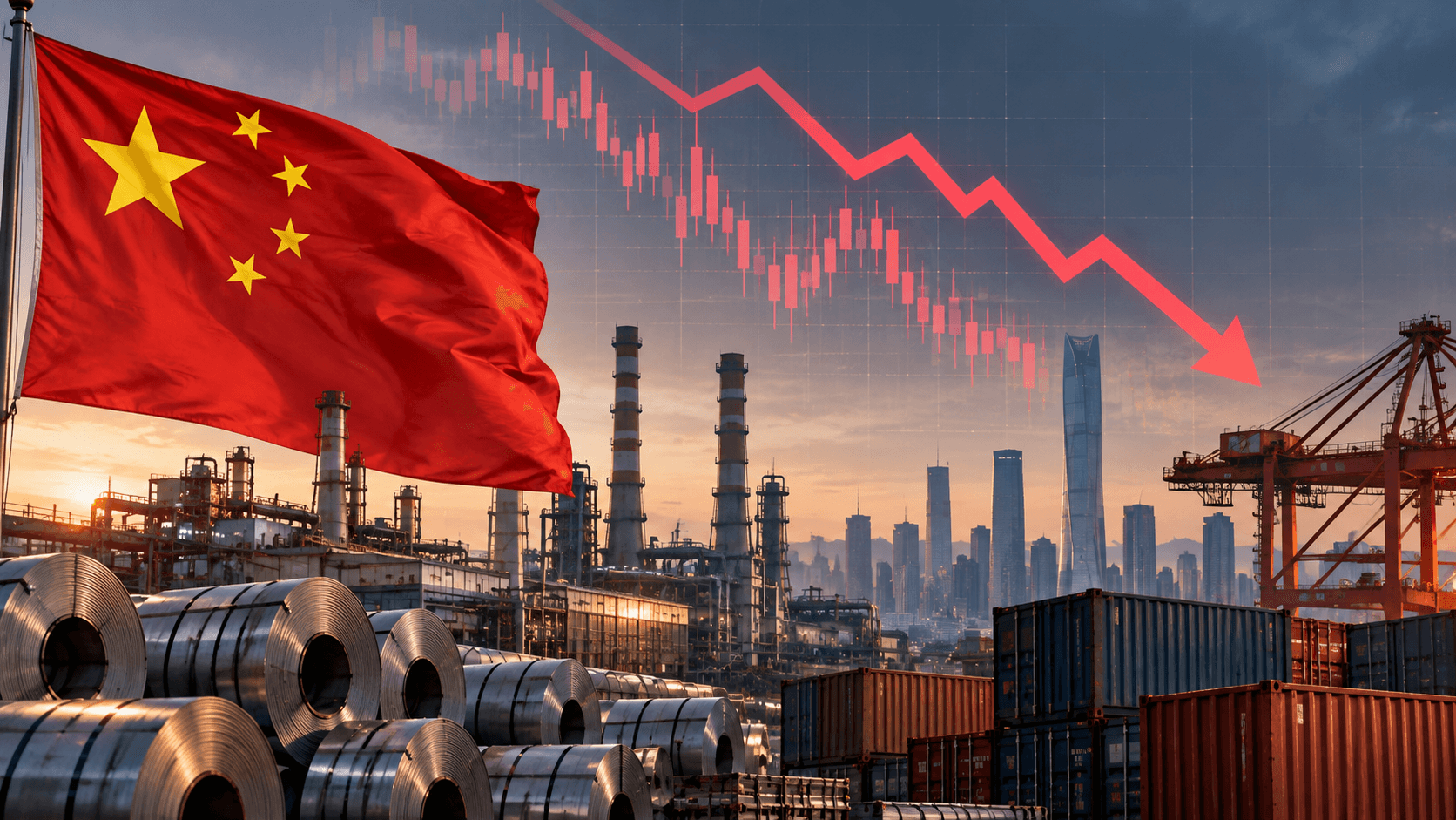 AI-generated illustration of Chinese factories, steel coils, shipping containers, the Chinese flag, and a downward red arrow representing declining manufacturing activity.