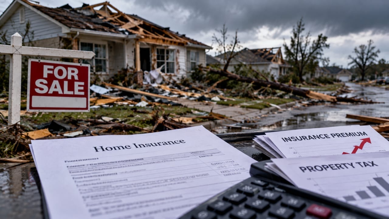 AI-generated illustration of storm-damaged American homes with home insurance documents, property tax papers and a calculator in the foreground, symbolizing rising insurance costs and the impact of climate-related disasters on US homeowners.