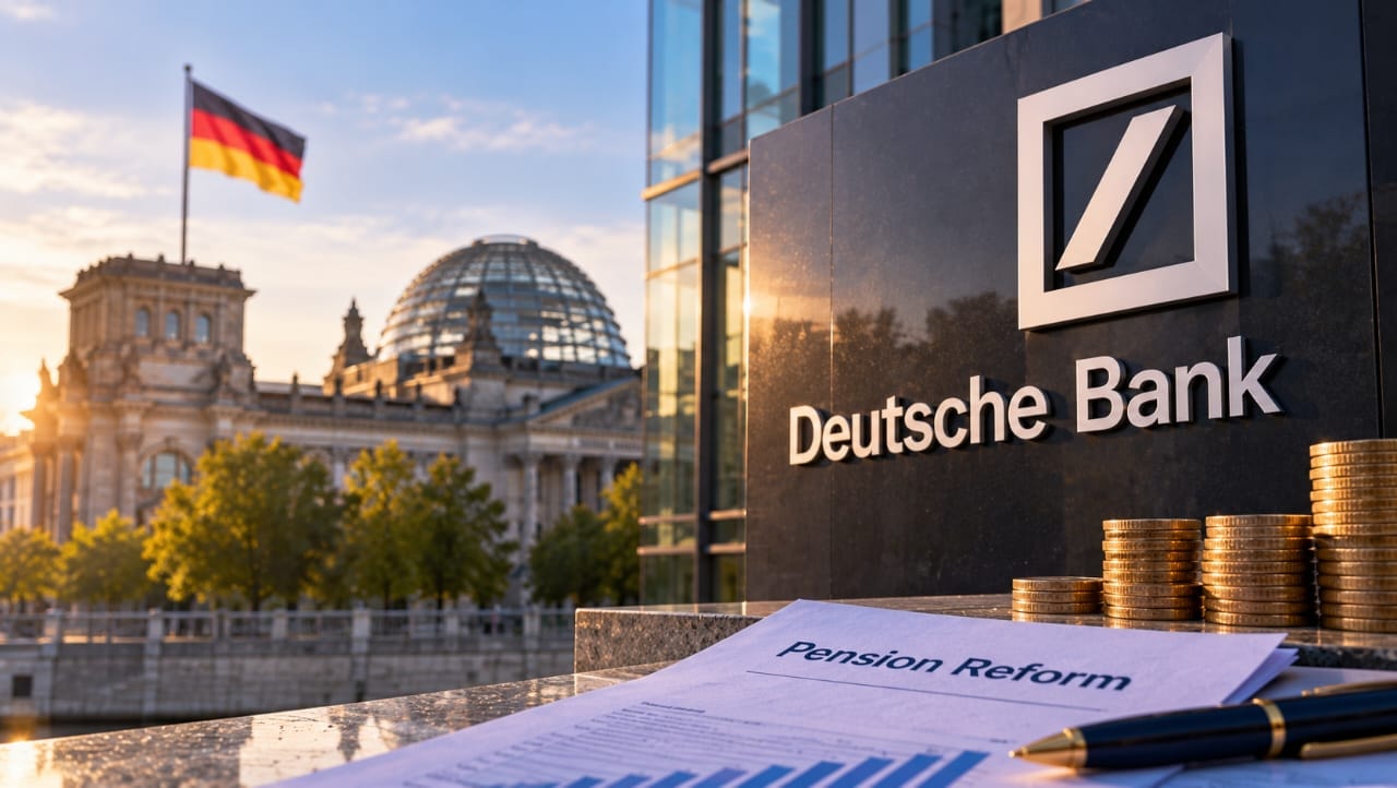 AI-generated illustration of the Deutsche Bank logo, German parliament building, pension reform documents and stacks of coins, symbolizing Germany's planned pension reforms and their potential impact on European capital markets.