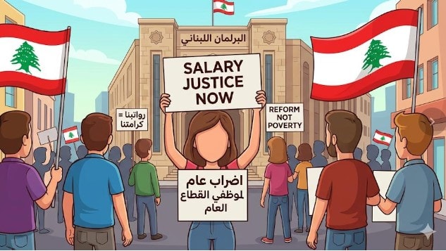 موظفين في القطاع العام خلال اعتصام أو إضراب أمام مؤسسة رسمية في لبنان
