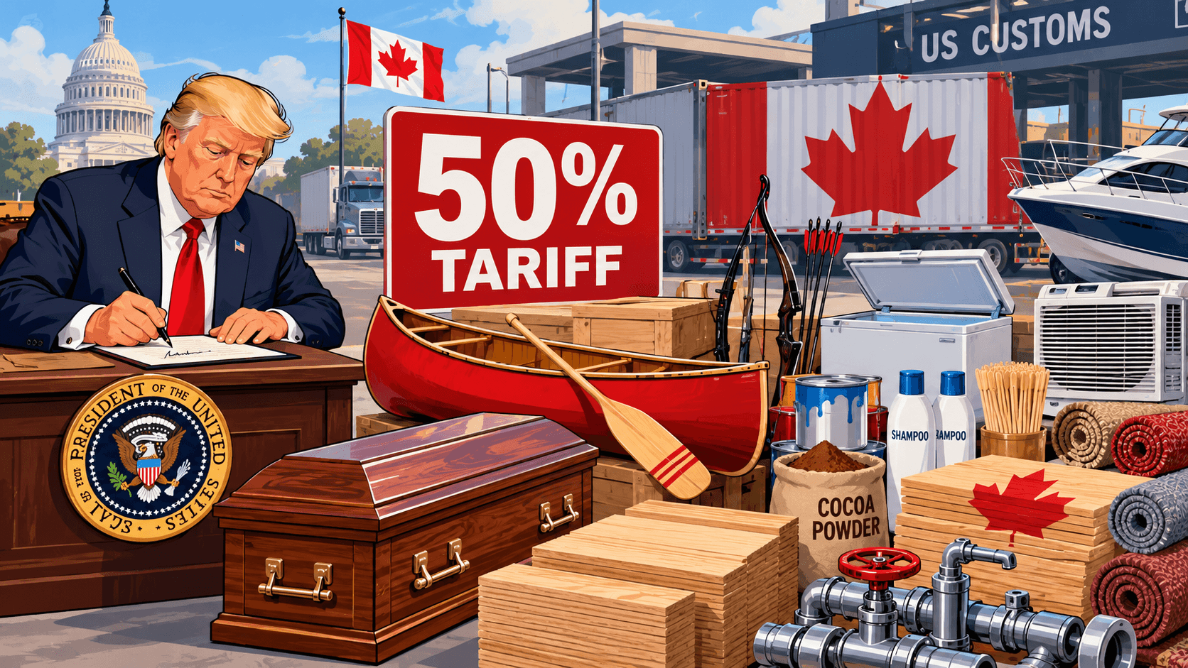 AI-generated illustration of new 50% US tariffs on Canadian imports, featuring canoes, wooden coffins, consumer goods, a Canadian flag, and a US customs checkpoint.