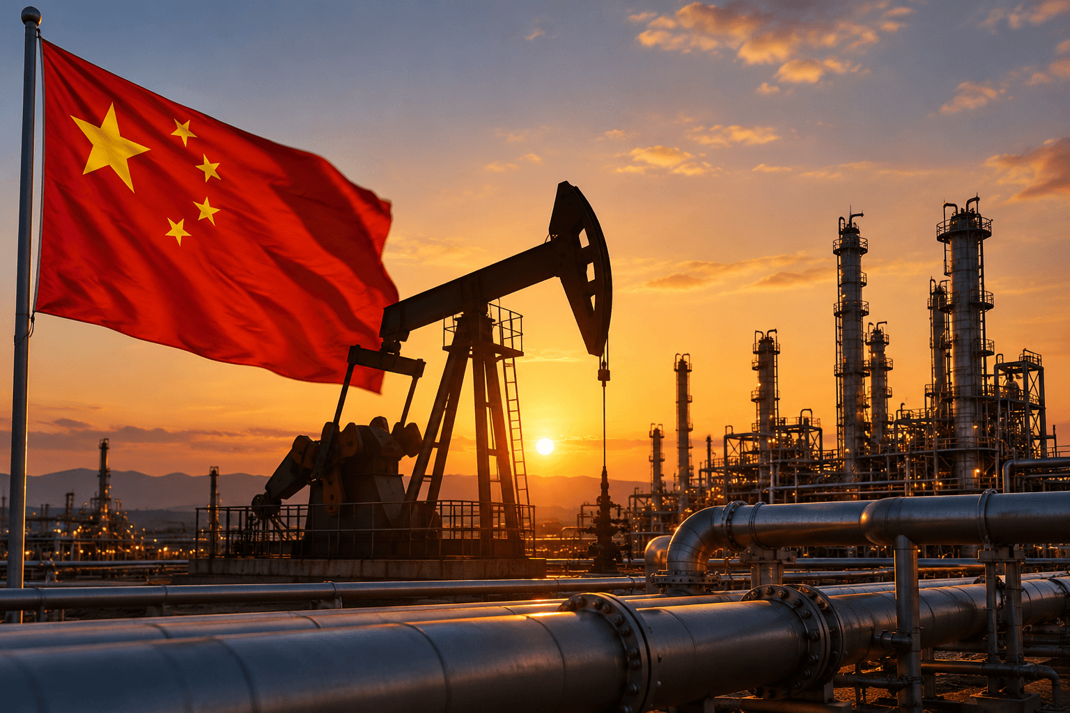 AI-generated illustration of an oil and gas production facility in China, featuring a Chinese flag, an oil pumpjack, refinery towers, and pipelines at sunset.