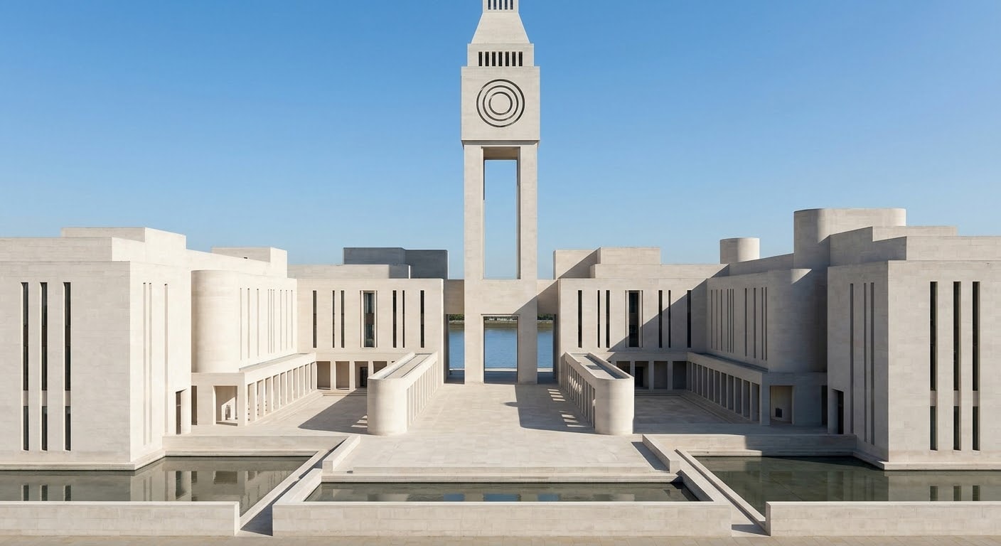 minimalist and symbolic architectural concept of a grand parliament building in London under a clear sky.