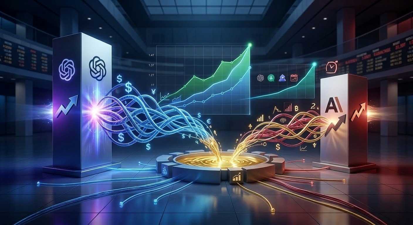 Futuristic financial graphic showing OpenAI valuation growth to over 1.4 trillion dollars with investment flows from SoftBank and MGX converging into an investor market pool, with rising stock charts and a public offering timeline.