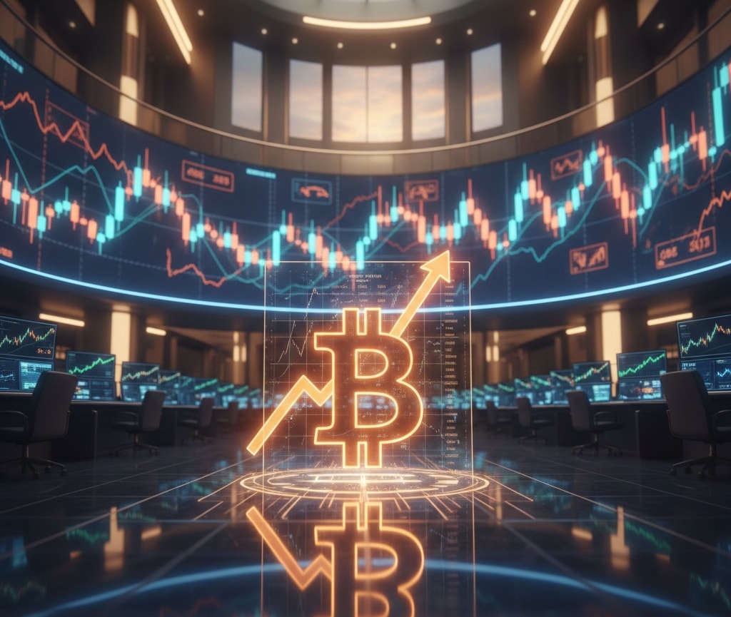 مشهد واقعي لسوق مالي يُظهر رمز بيتكوين رقميًا متوهجًا في حالة صعود، مع مخططات ورسوم بيانية في الخلفية