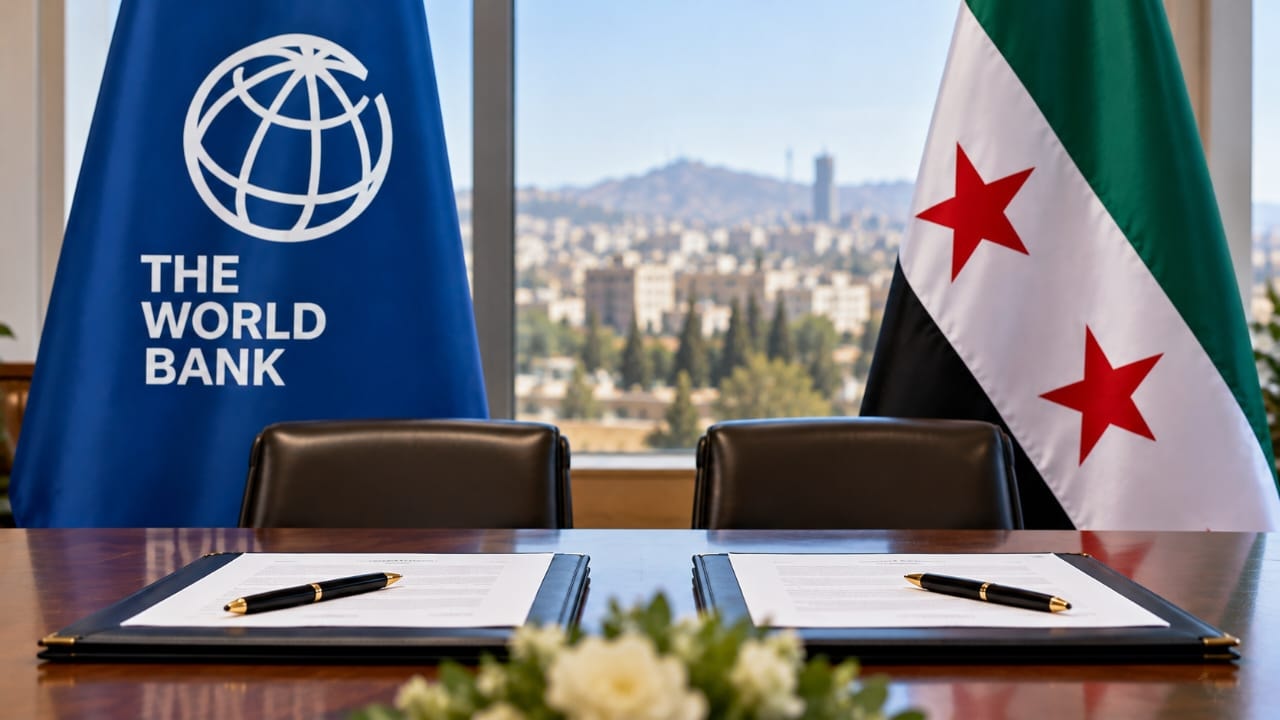 AI-generated illustration of the Syrian flag and World Bank banner behind a conference table with agreement documents, symbolizing cooperation on Syria's recovery and reconstruction fund.