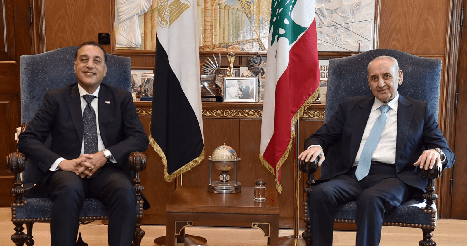 خلال لقاء جمع رئيس مجلس النواب اللبناني مع رئيس الحكومة المصري في عين التينة (وطنية)