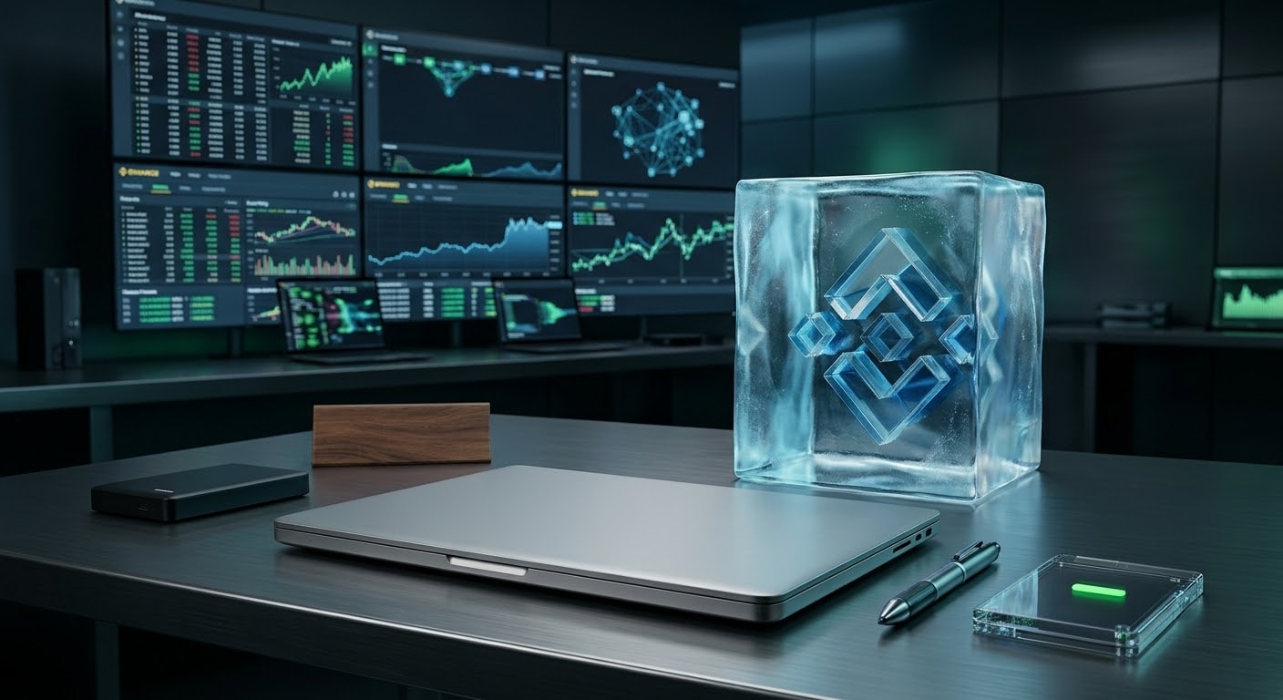 A modern workstation featuring a laptop, pen, and an icy cube block displaying the Binance logo alongside data monitoring screens in a dark trading room setting.