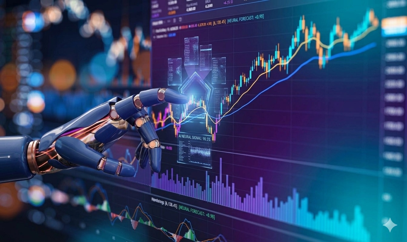A close-up photograph of a sophisticated robotic hand, with metallic blue and gold joints, reaching out to touch a complex dark-mode financial trading display. The hand's index finger is poised over a critical data point, generating a transparent holographic 3D visualization of charts and text (like 'NEURAL FORECAST') that projects from the screen. The screen itself is filled with detailed candlestick, line, and volume graphs in colorful patterns (blue, orange, green, red). The background is a blurred bokeh of other data lines and distant city lights, creating a high-tech, analytical atmosphere.
