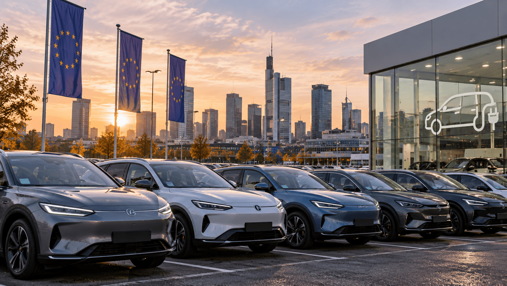 AI-generated illustration of electric cars displayed outside a modern European car dealership, with European Union flags and a city skyline in the background, symbolizing rising vehicle sales and growing competition in Europe's electric car market.