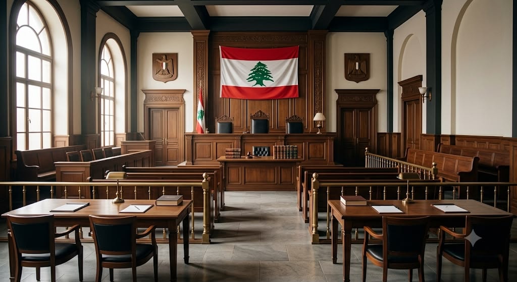  قاعة محكمة مع منصة القاضي والكتب القانونية والعلم اللبناني