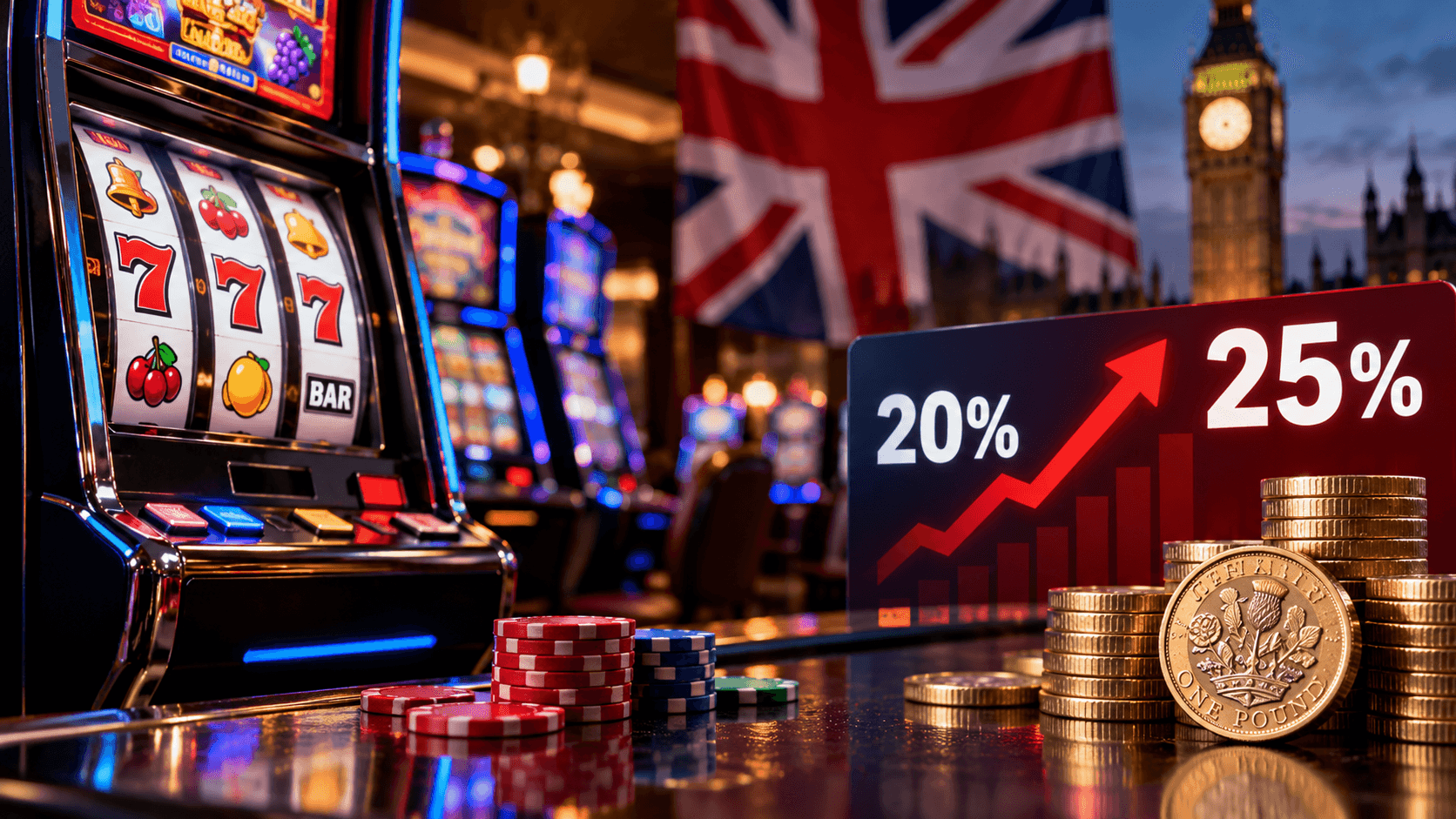 AI-generated illustration of slot machines, British pound coins, and the UK flag, with a financial graphic showing the gambling tax increase from 20% to 25%.