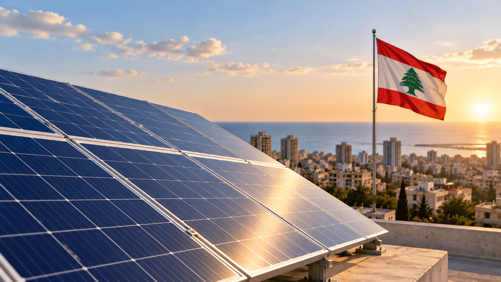 AI-generated illustration of solar panels overlooking a Lebanese coastal city, with the Lebanese flag in the background, representing plans to finance solar energy projects in Lebanon.