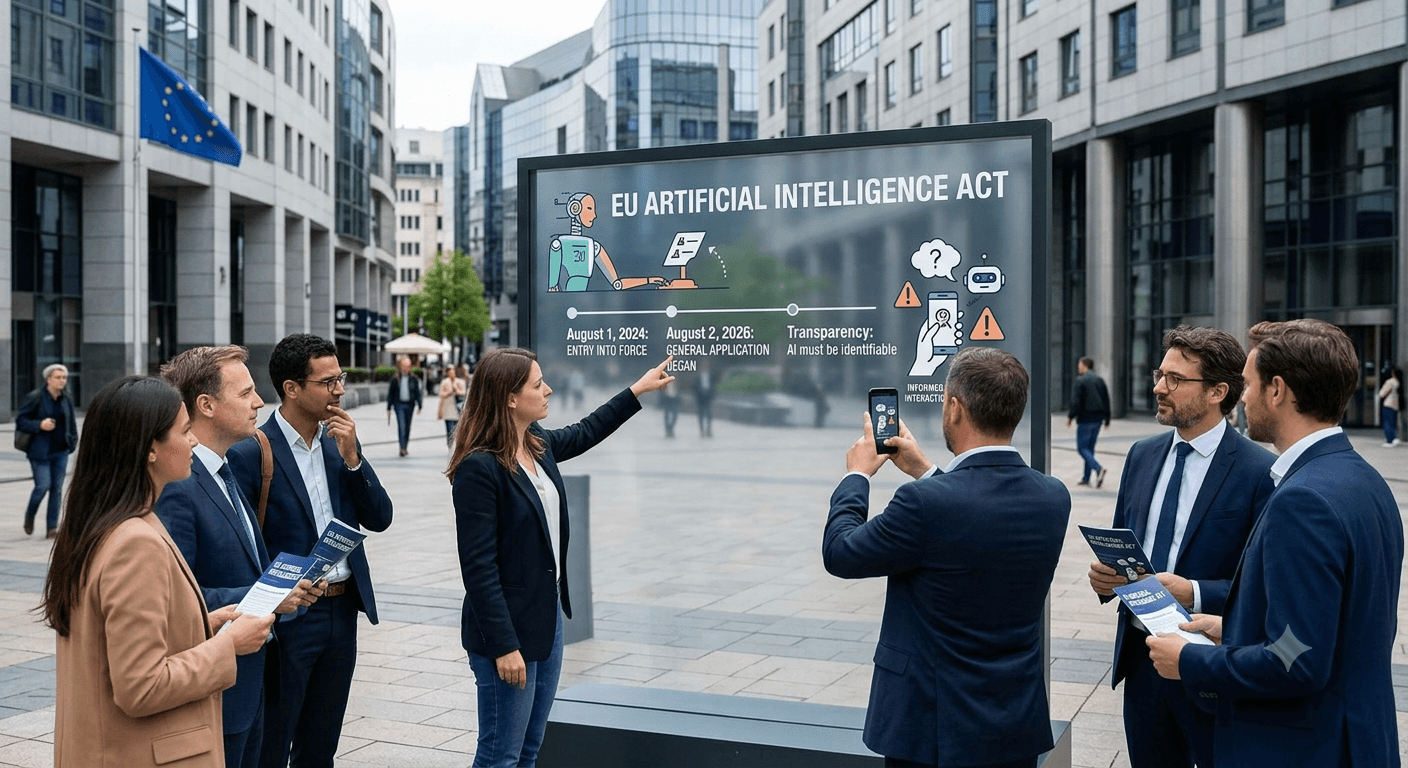 أشخاص يناقشون قواعد قانون الذكاء الاصطناعي أمام شاشة العرض ai