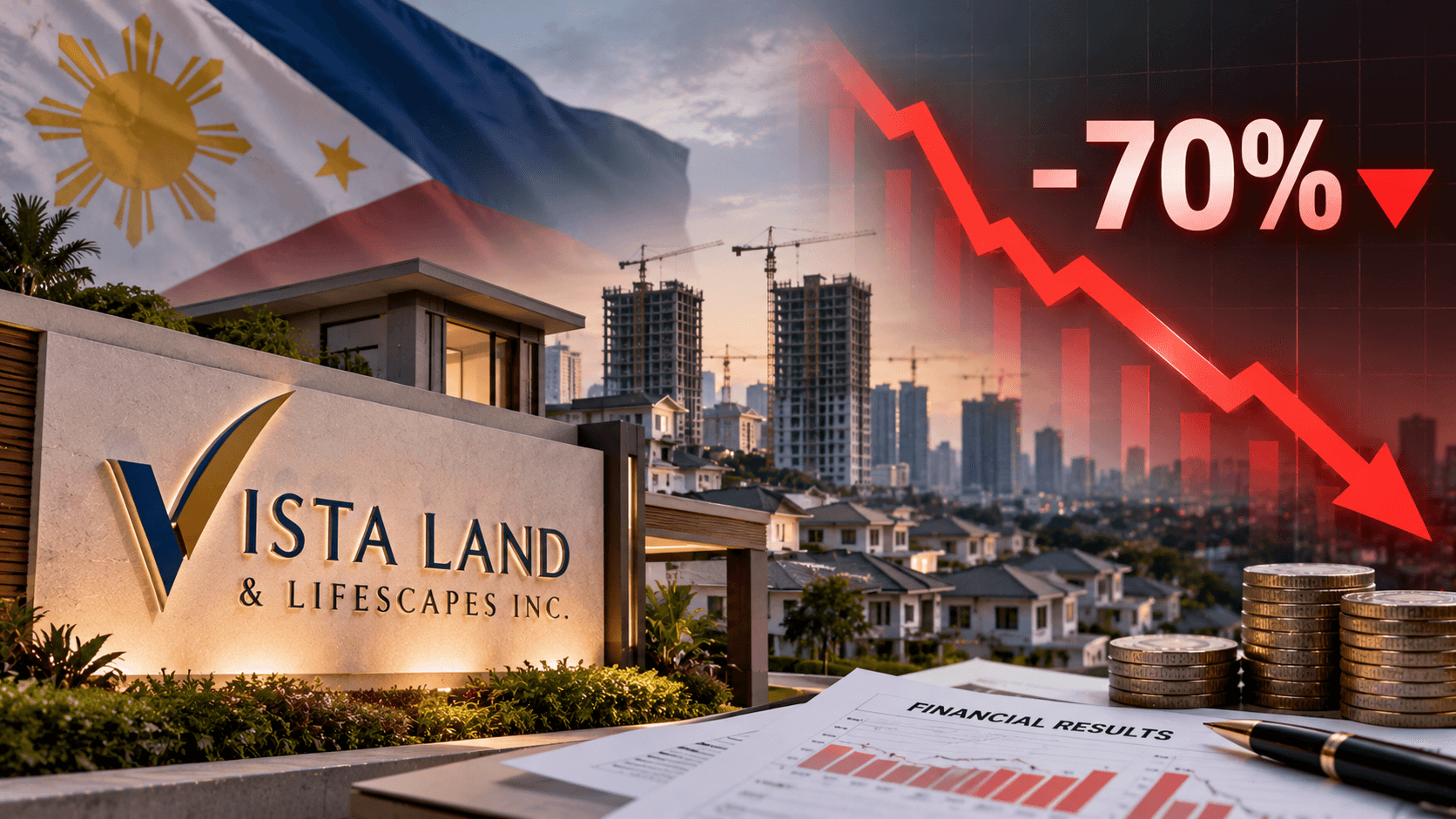 AI-generated illustration of Vista Land & Lifescapes in the Philippines, featuring residential developments, the Philippine flag, and a downward financial chart showing a 70% decline in profits.