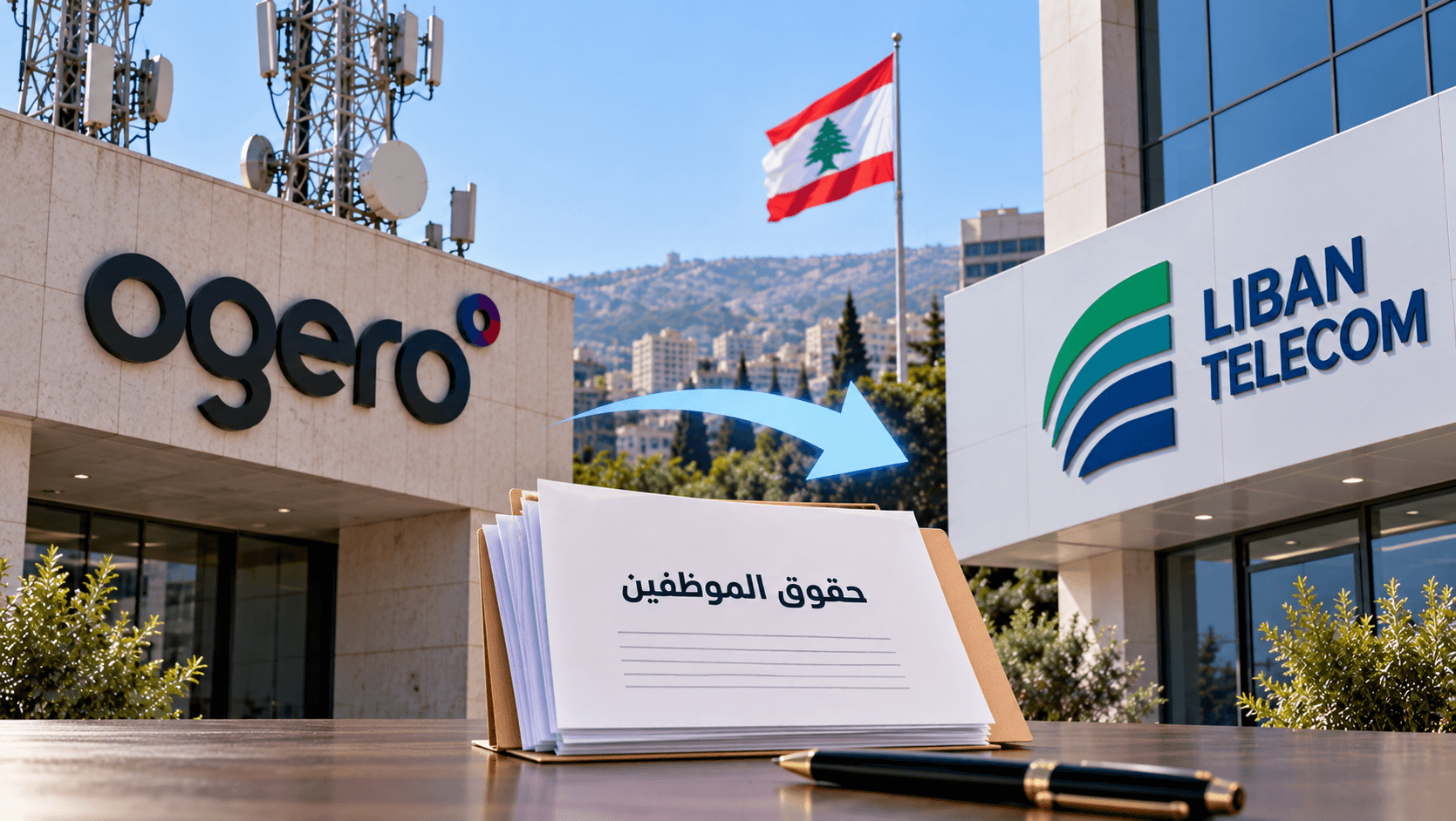 AI-generated illustration showing Ogero and Liban Telecom buildings, a Lebanese flag, and a folder representing the protection and transfer of employees' rights.