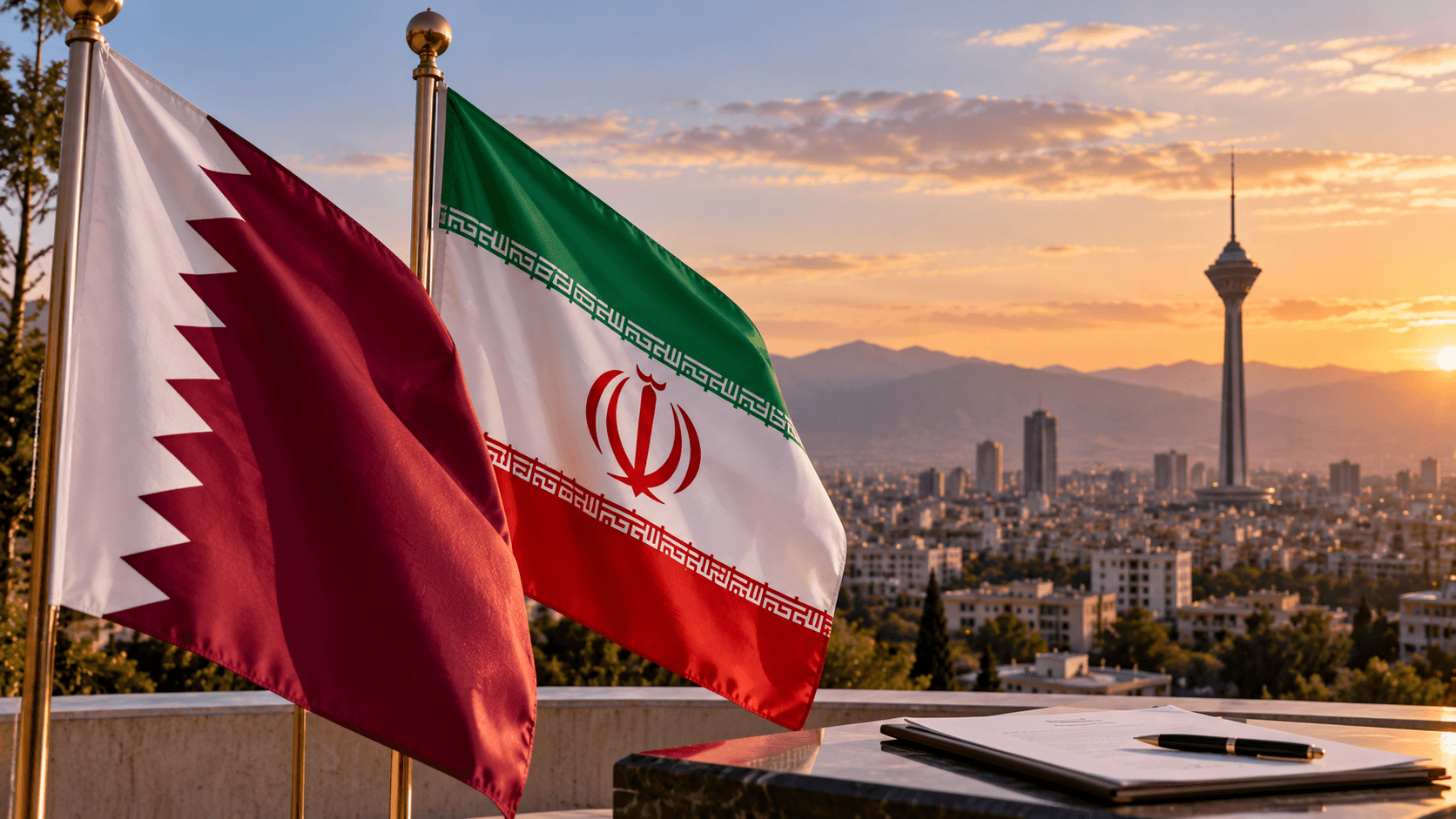 AI-generated illustration of the Iranian and Qatari flags overlooking Tehran, with agreement documents and a pen representing Qatar's mediation efforts and the proposed peace agreement.