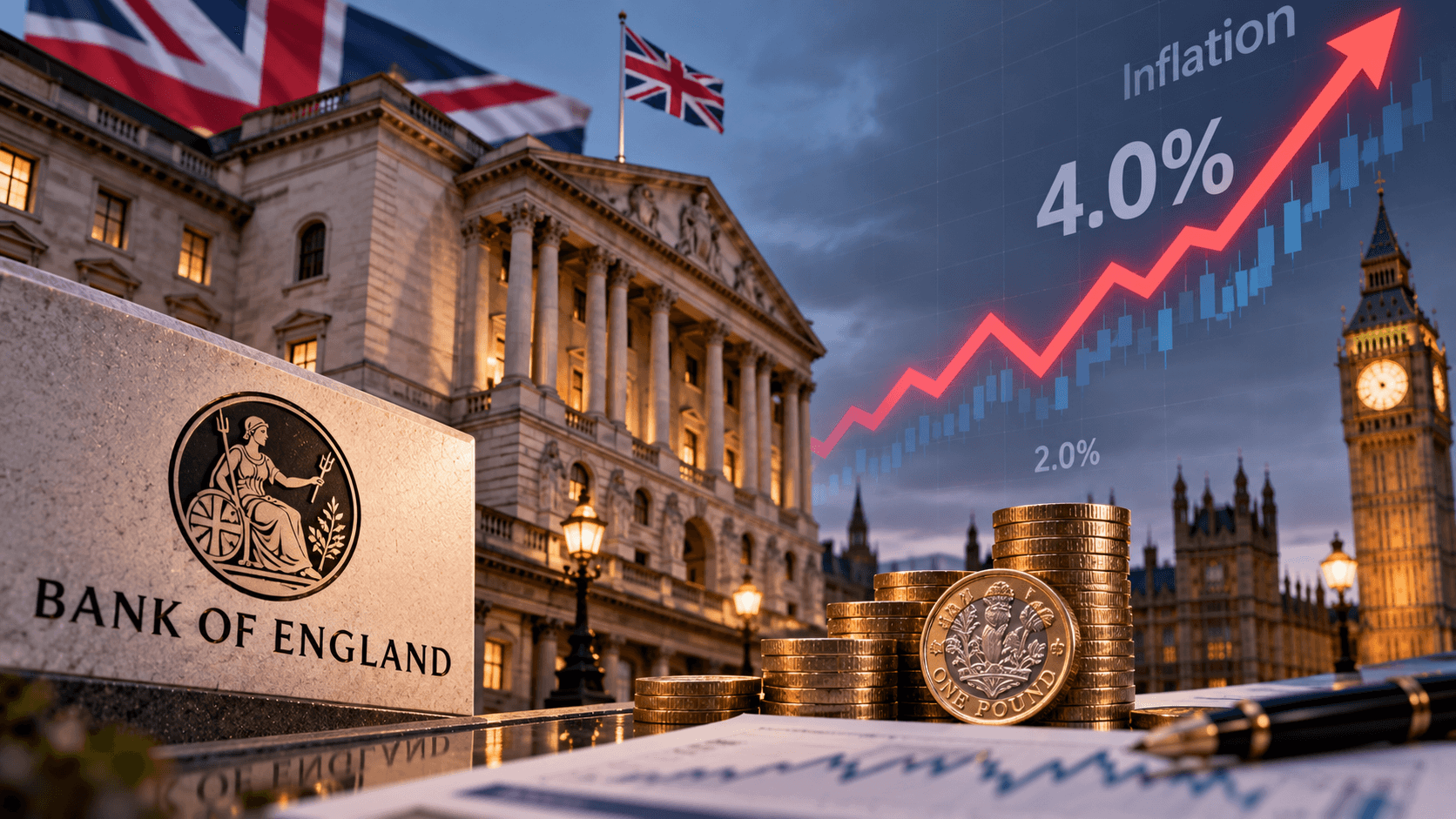AI-generated illustration of the Bank of England, British pound coins, UK flags, and an upward financial chart showing 4% inflation, representing expectations of higher UK interest rates.