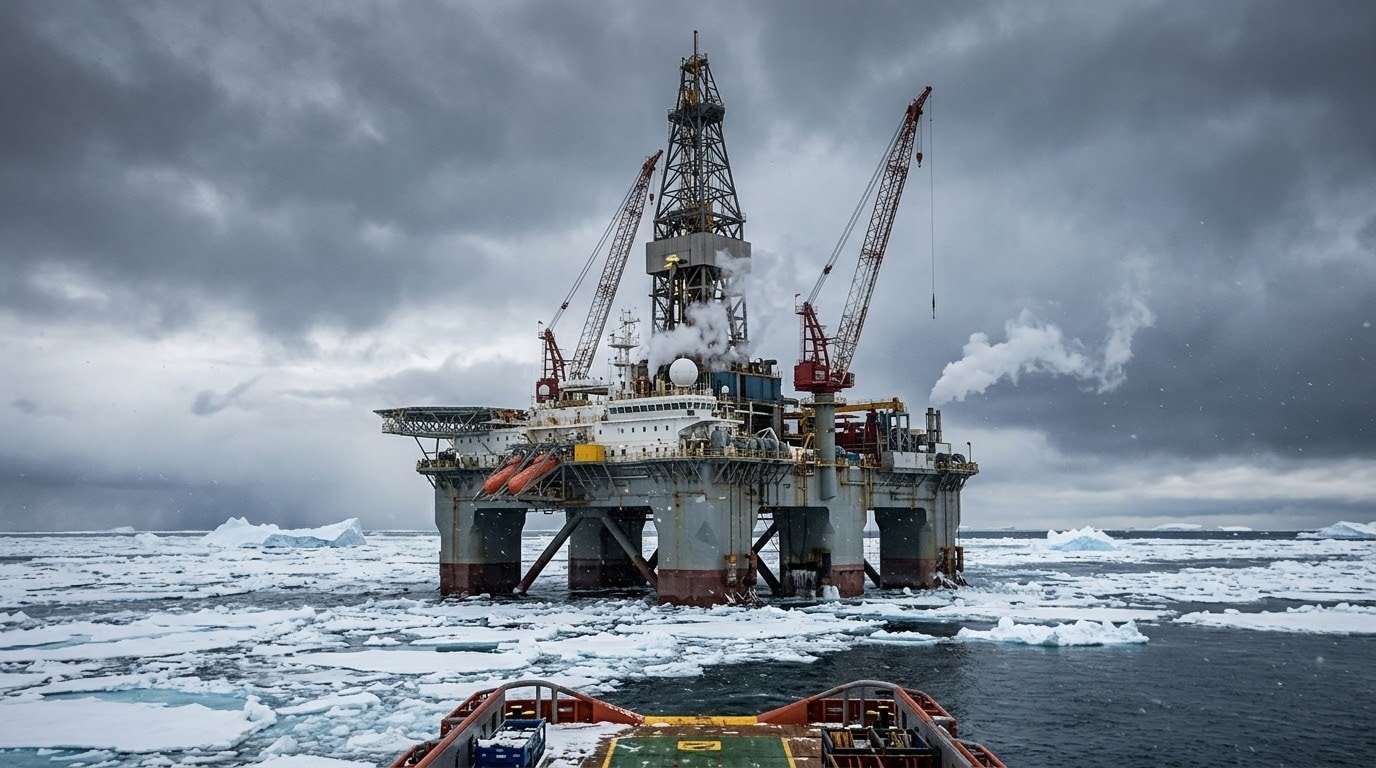 An offshore oil rig operating in icy Arctic waters amidst floating ice sheets under an overcast sky. 