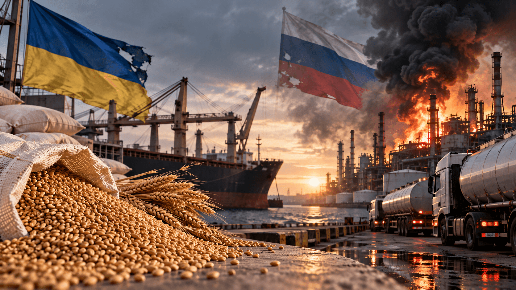AI-generated illustration of grain exports and fuel supplies disrupted by the Russia-Ukraine war, featuring wheat, a cargo ship, oil tankers, a burning refinery, and Ukrainian and Russian flags.