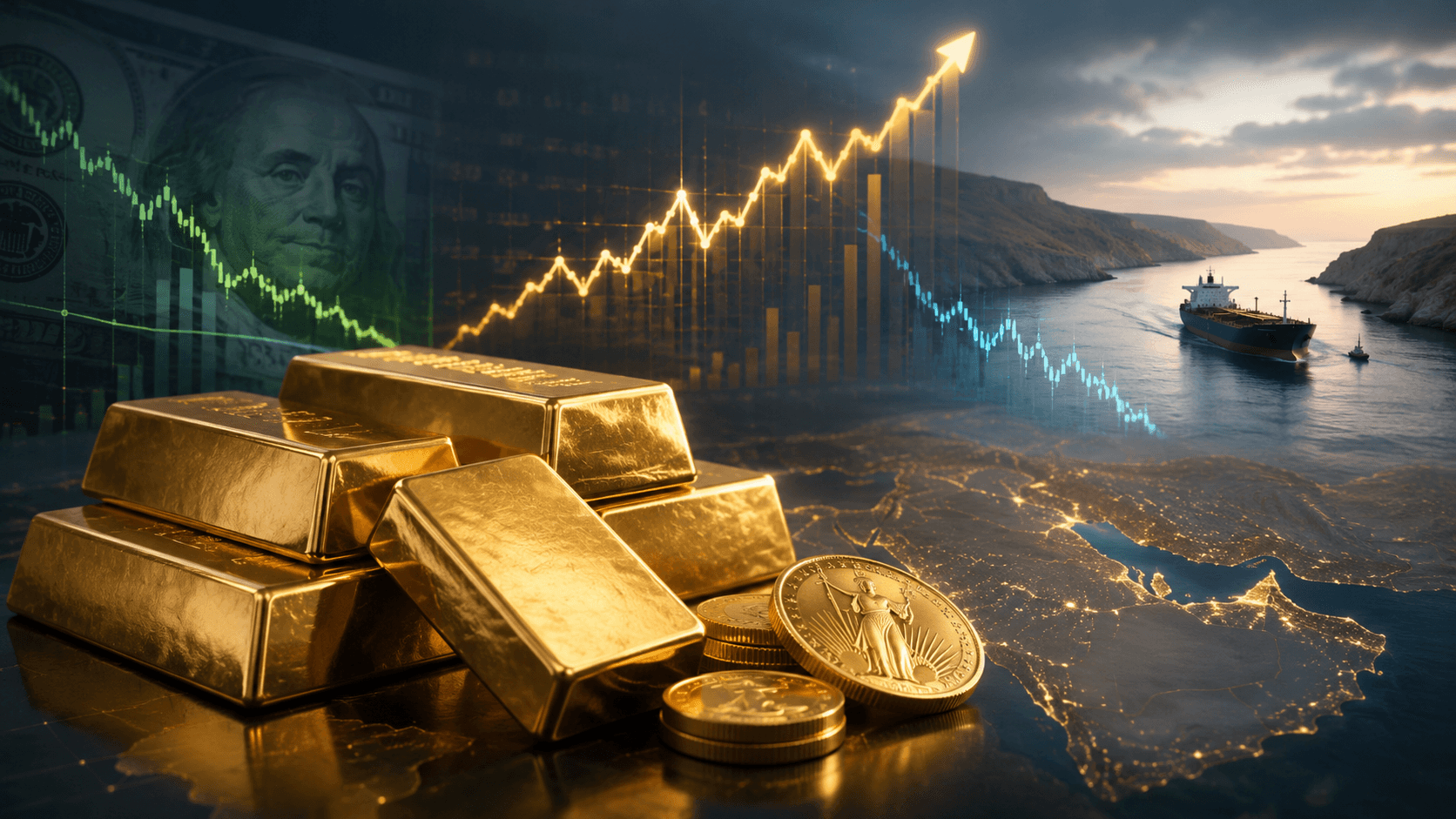 سبائك وعملات ذهبية مع مؤشرات مالية وسفينة شحن في مشهد يرمز إلى صعود أسعار الذهب وتراجع الدولار