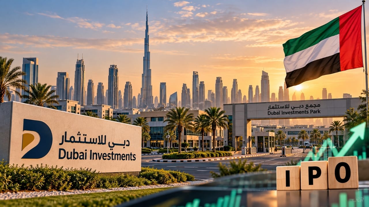 AI-generated illustration of Dubai Investments, the UAE flag and Dubai skyline with IPO symbols, representing the planned public offering of a stake in DIP Holding