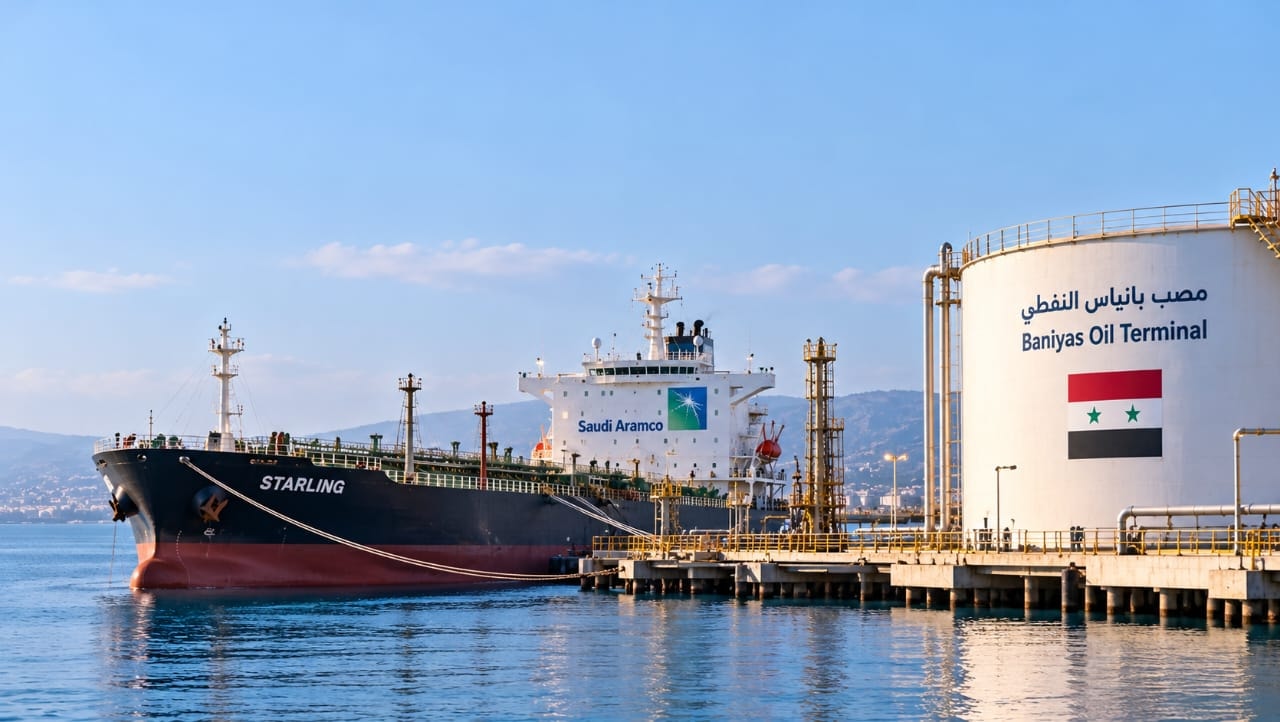 AI-generated illustration of an oil tanker docked at a Syrian oil terminal, with Saudi Aramco branding and the Syrian flag, symbolizing the arrival of the first diesel shipment from Saudi Aramco to Baniyas.