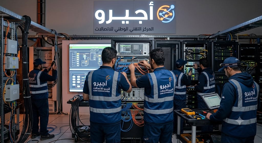 صورة لمجموعة من العاملين أجيرو في مجال الاتصالات يعملون على أجهزة كهربائية