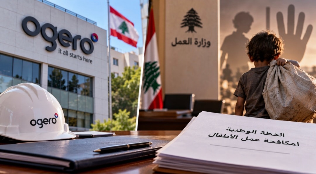AI-generated illustration featuring Ogero telecommunications, a safety helmet, and documents related to Lebanon's national plan to combat child labor, alongside a symbolic depiction of child labor.