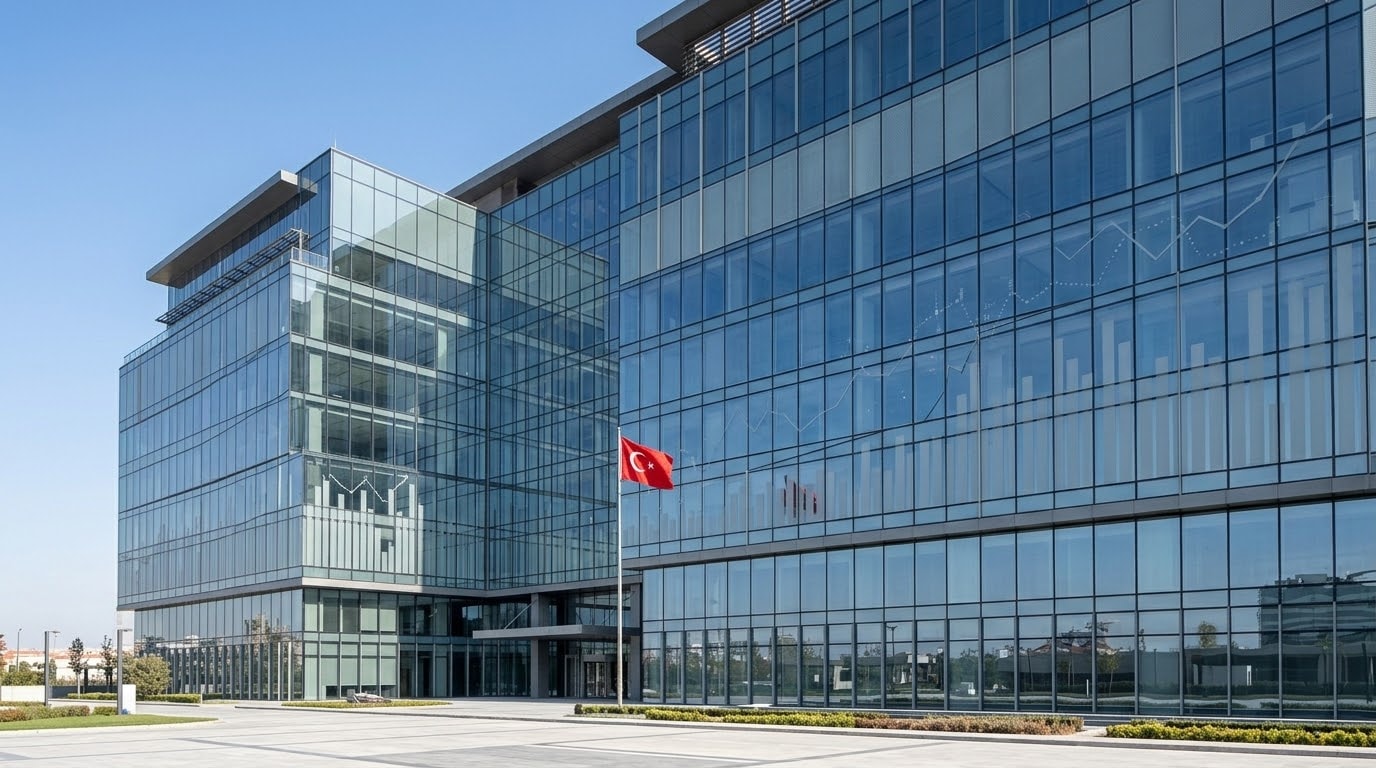 Modern financial regulatory building in Turkey with stock charts and a Turkish flag. 