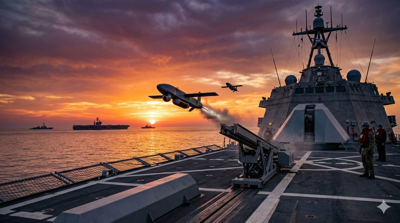 مشهد عسكري مستقبلي يوثق إطلاق طائرات مسيرة انتحارية أمريكية من سفينة قتال ساحلية في الخليج العربي. (AI)