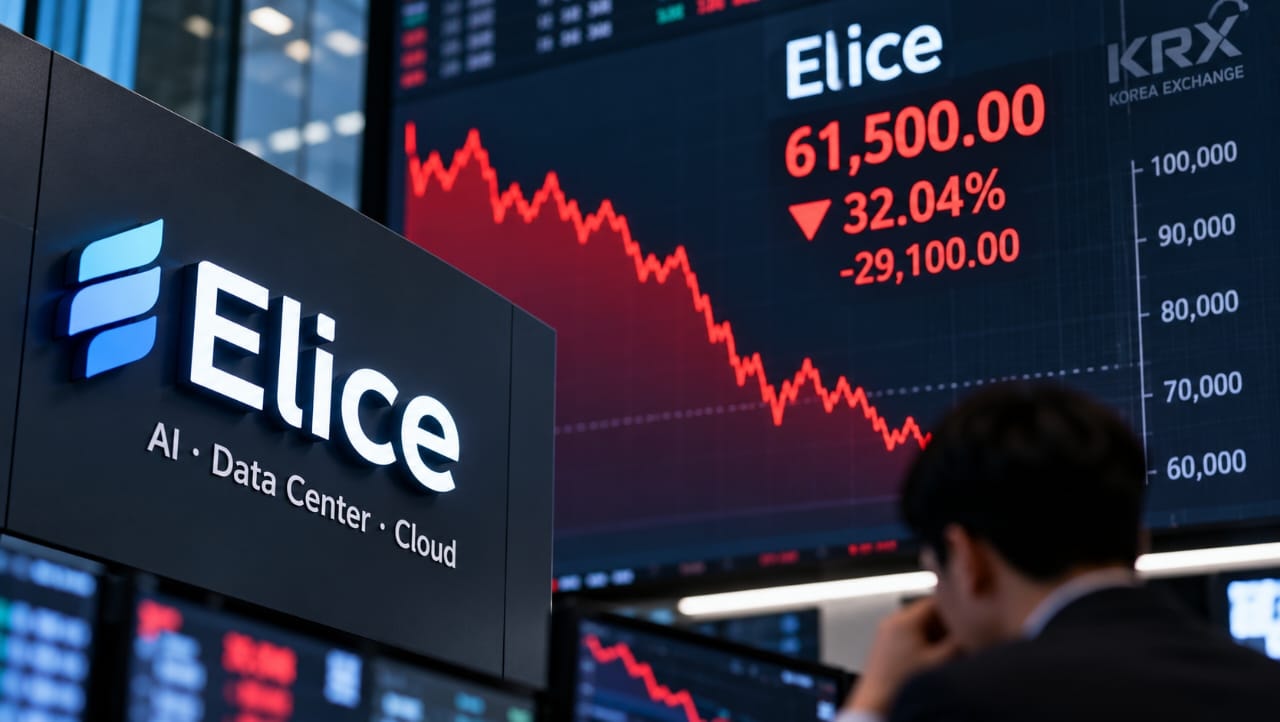 AI-generated illustration of Elice branding alongside a declining stock market chart and red financial indicators, symbolizing the company's sharp trading debut decline and growing concerns over AI investments.