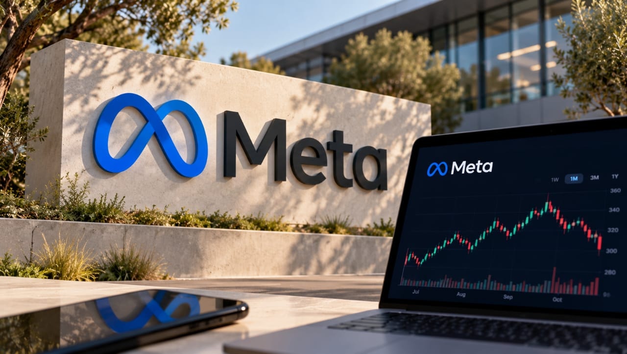 AI-generated illustration of a Meta sign outside a modern office building, with a laptop displaying a stock market chart, symbolizing investor expectations ahead of Meta's earnings report and concerns over AI spending.