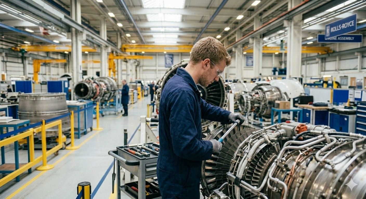 A side-profile view of an aerospace technician in blue overalls and safety glasses working on a massive, complex jet engine. The technician uses a precision hand tool to adjust the intricate turbine blades. The background features a vast, state-of-the-art aerospace manufacturing facility equipped with industrial overhead cranes, tool carts, and other heavy propulsion components under assembly.
