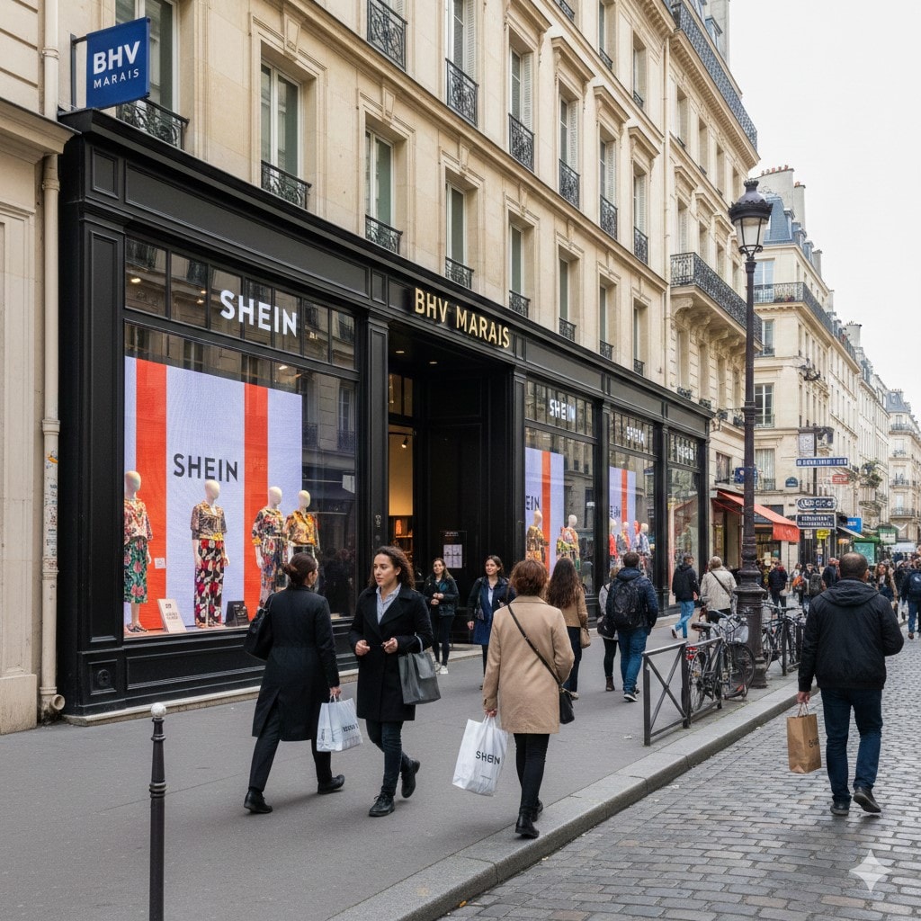 توسع تجارة الأزياء السريعة في فرنسا يتجسد في ظهور علامة شي إن (Shein) جنباً إلى جنب مع لافتات متاجر BHV. (AI)