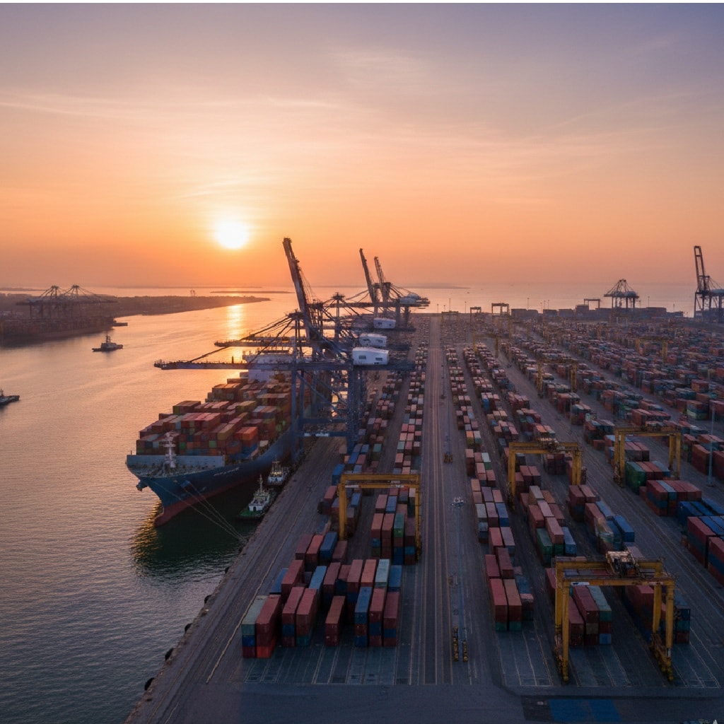 سفينة حاويات ضخمة ترسو في ميناء بحري مزدحم أثناء شروق الشمس