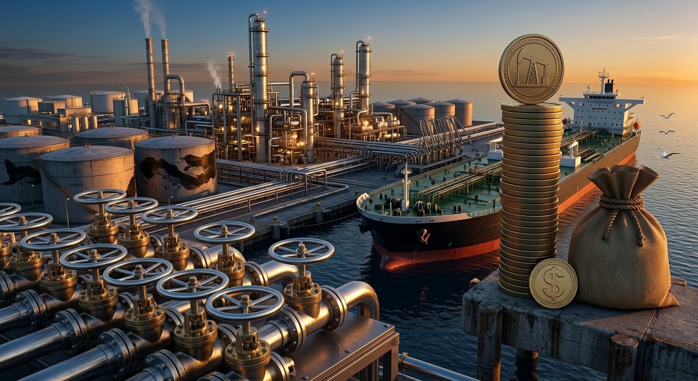 An industrial oil refinery with pipelines and a tanker ship next to stacked coins symbolizing strong financial profits in the energy sector.