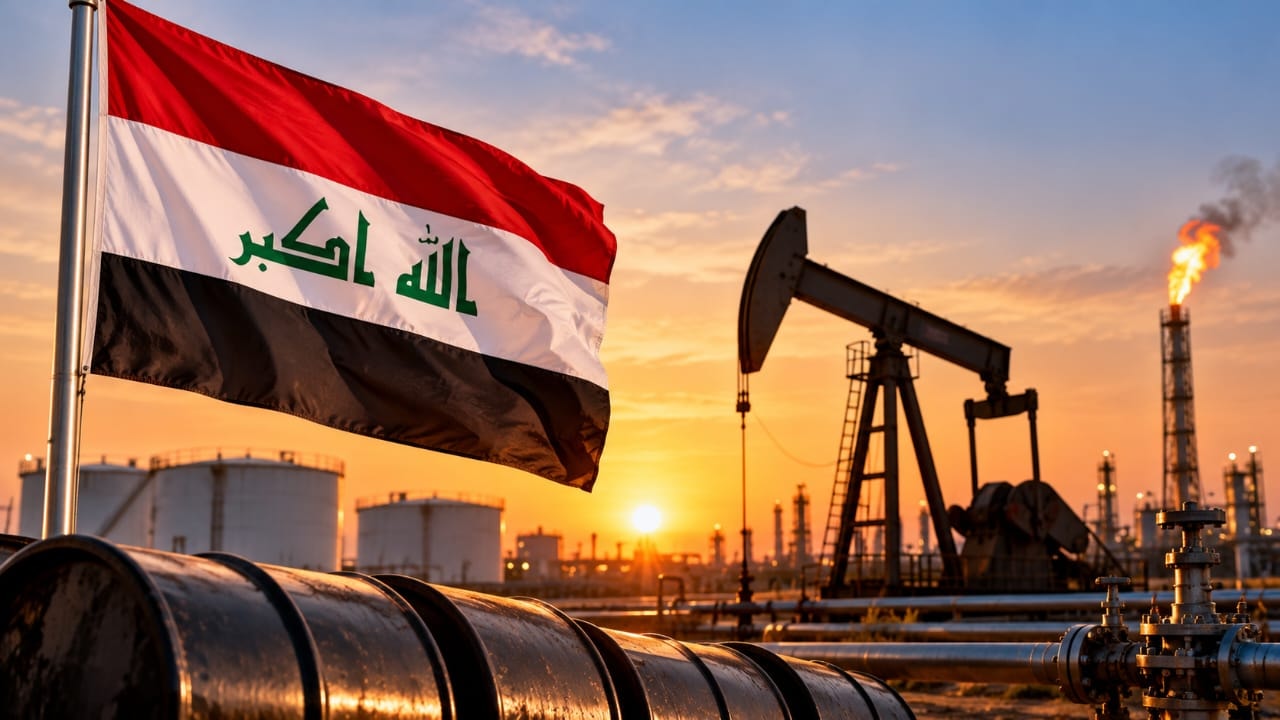 AI-generated illustration of the Iraqi flag overlooking an oilfield with a pumpjack, storage tanks and pipelines, symbolizing Iraq's crude oil production and marketing activities