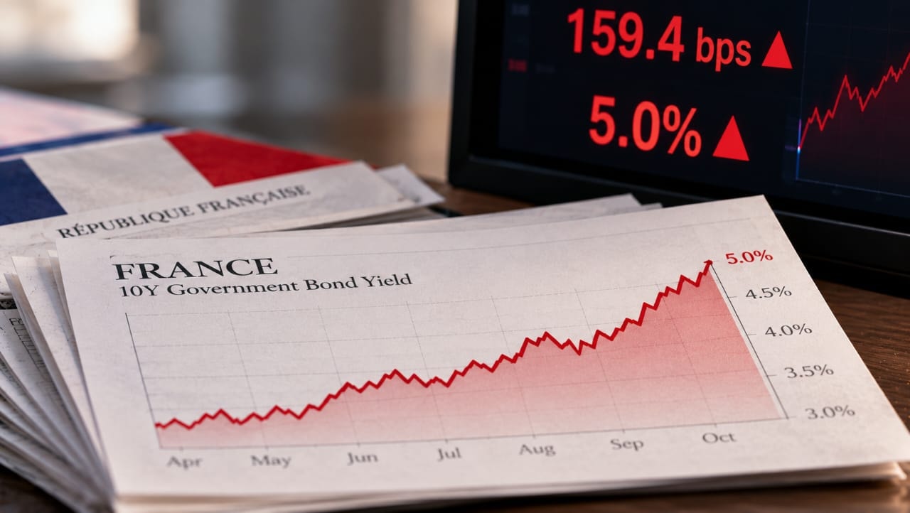AI-generated illustration of French government bond documents and a financial chart showing rising 10-year bond yields to 5%, alongside a 159.4 basis-point risk premium, symbolizing growing concerns over France's debt and fiscal outlook.