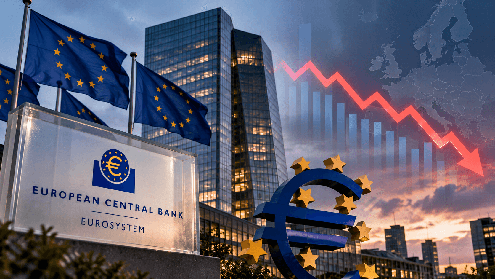 AI-generated illustration of the European Central Bank, featuring EU flags, a euro symbol, and a downward financial chart representing slowing economic growth in the euro zone.