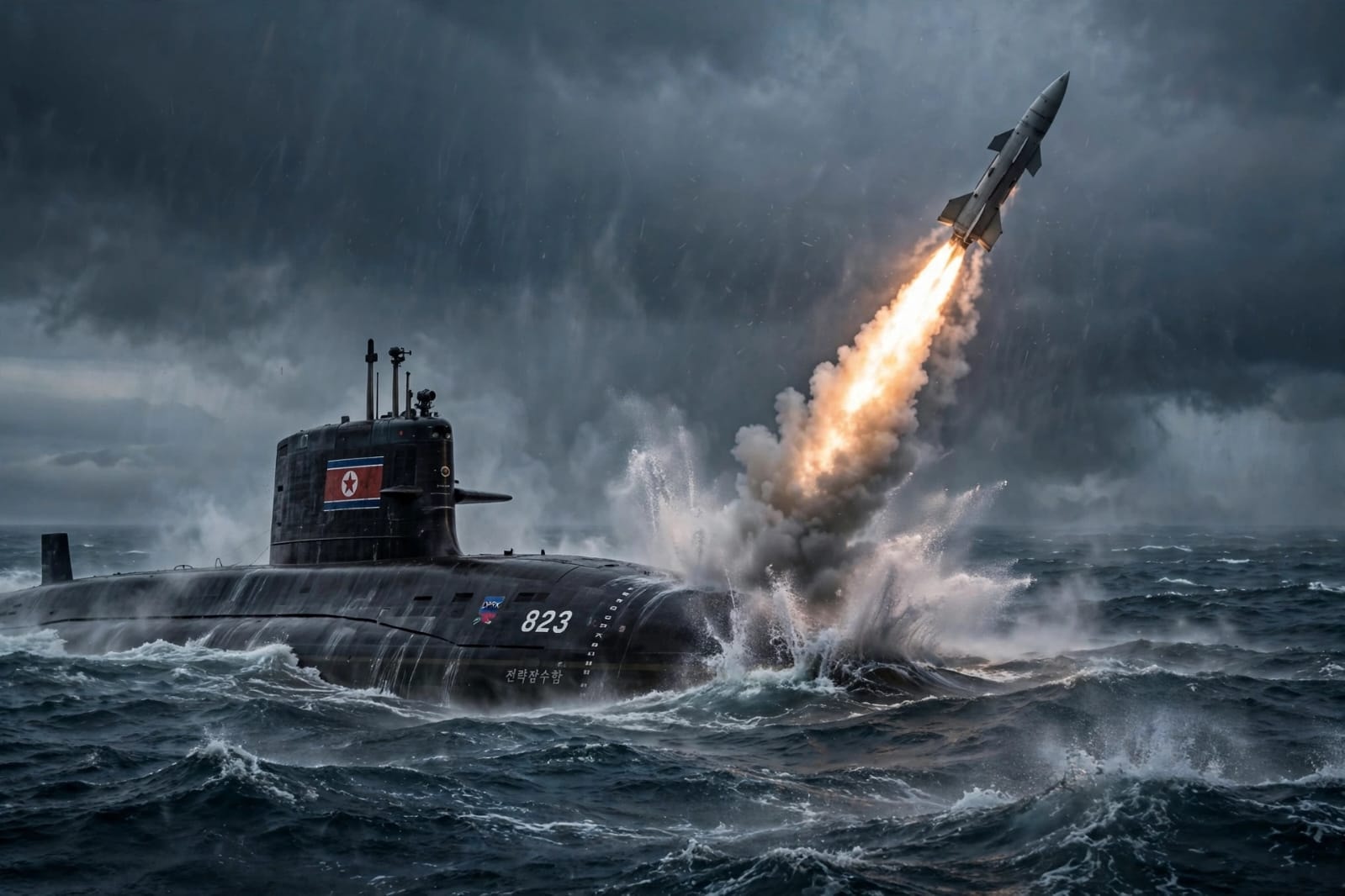 A North Korean submarine launching a strategic cruise missile over the East Sea under dark stormy skies, with flames and smoke trailing from the missile.