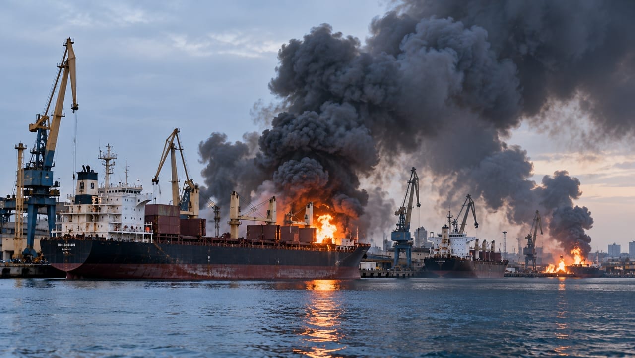 AI-generated illustration of cargo ships and port facilities engulfed in flames and smoke, symbolizing Russia's reported strikes on Ukrainian cargo vessels and logistics infrastructure.