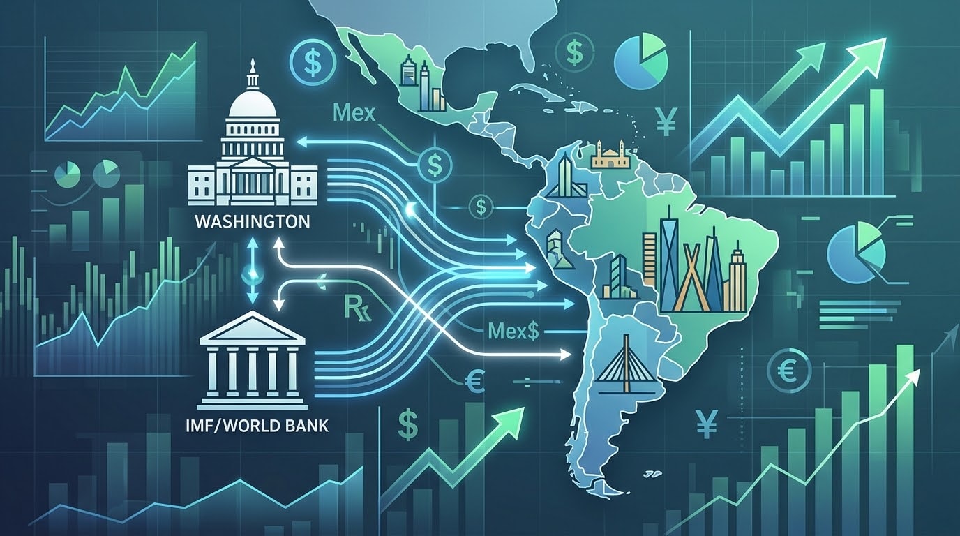 An abstract conceptual financial background showing a map of the Americas connected to Washington institutions through financial flow lines, surrounded by upward stock market charts, graphs, and currency symbols, with no people.